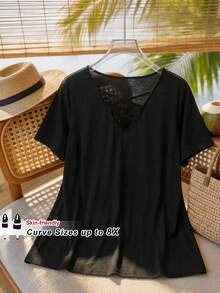 SHEIN CURVE+ Plus Size Summer Casual Solid Color Curved Hem Loose T-Shirt, Summer Tops Plus Size Oversized T-Shirt Plus Size T Shirts - Black - View 1