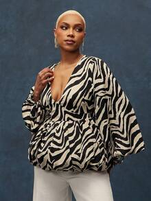 Vixey Zebra Print Woven Plunge Neck Balloon Sleeve Bubble Hem Peplum Top - Multicolor - View 2