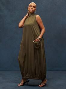 Vixey Mock Neck Sleeveless Gathered Hem Structured Woven Dress - Brown - View 4