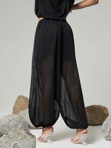Hauture Women's Sexy Vacation Pleated Chiffon Balloon Hem Long Pants - Black - View 4