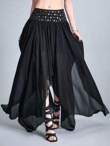 ROMWE Goth Metal Rivet Asymmetric Hem Maxi Skirt - Black - View 2