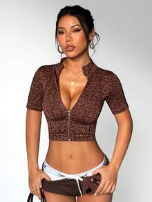 Dewbera 无缝棕色豹纹运动短款夹克 - 棕色 - 查看 7