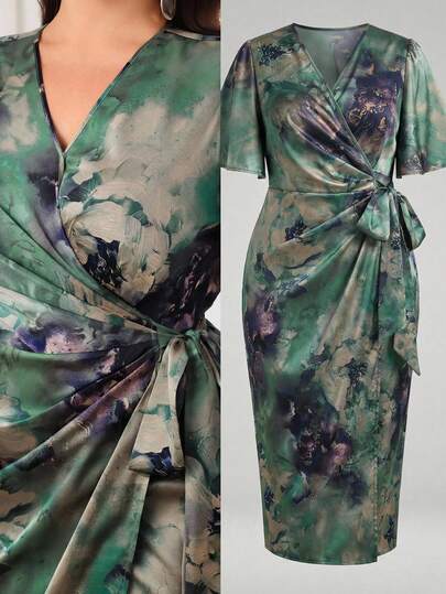 Modelyn Plus Size Women Elegant V-Neck Wrap Tie Waist Dress Wrap Dress Green Satin Dress