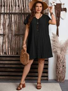 Enliva Plus Size Solid Color Short Sleeve V-Neck Dress, Fashionable For Summer, For Apple And Rounded Body Shape - Black - View 4