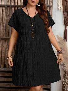 Enliva Plus Size Solid Color Short Sleeve V-Neck Dress, Fashionable For Summer, For Apple And Rounded Body Shape - Black - View 5