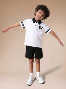 2pcs/Set Young Boys White Polo Co-Ords,Casual,Cute&Sporty 67 Contrast Color Shirt&Black Trim Shorts,Summer School Back-To-School Daily Wear Outings - Black and White - View 4