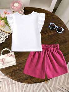 2pcs/Set Toddler Girls' Summer Rainbow Print Round Neck Cap Sleeve T-Shirt And Casual Straight Shorts With Bow Front Cute Outfit - Multicolor - View 2