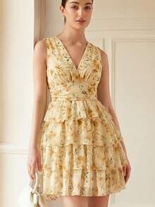 BELROSIE French Retro Elegant V-Neck Sleeveless Ruched Waist Multilayer Ruffled Contrast Color Floral Print Chiffon Mini Dress For Women - Yellow - View 4