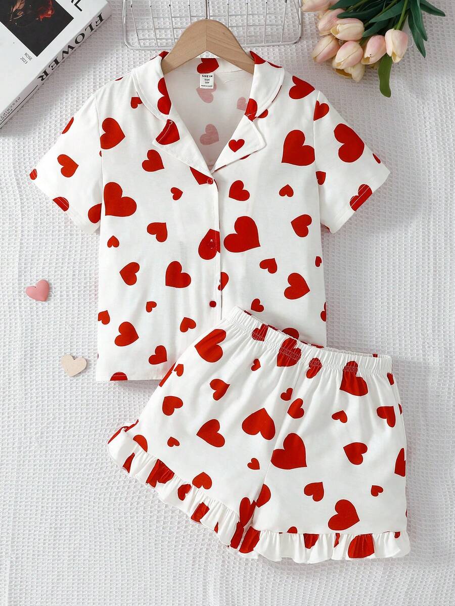 SHEIN 少女纯色爱心图案 Polo 领开衫和针织休闲短裤两件套家居服 - 白色 - 查看 1