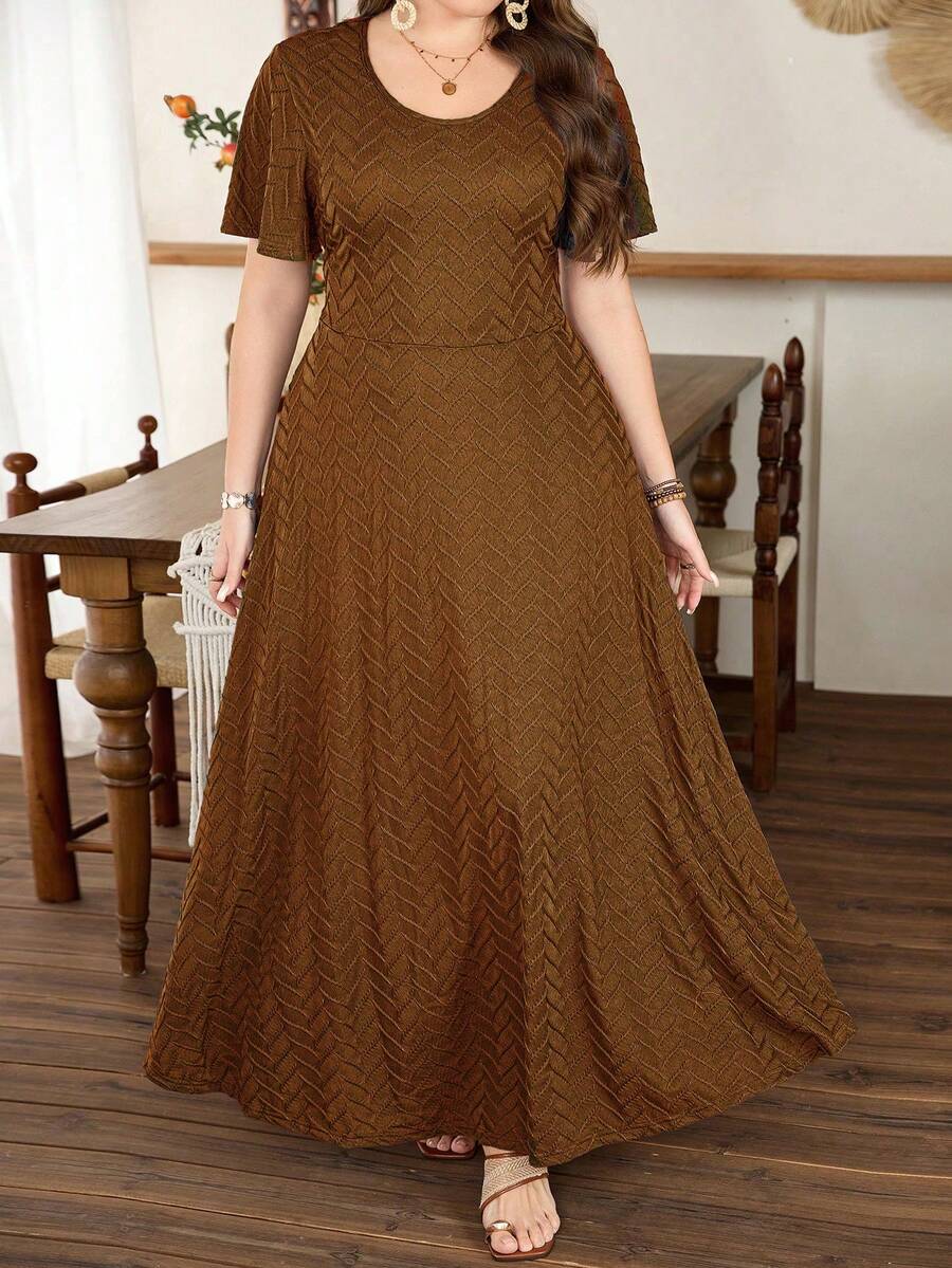 Modelyn Plus Size Women's Ruffle Hem A-Line Dress, Minimalist Elegant Short Sleeve - Brown - View 1