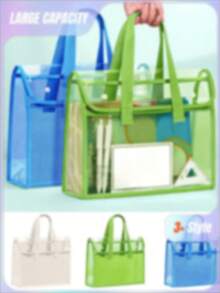 1pc Large Capacity Transparent Waterproof PVC Handbag With Expandable Mesh Storage Pouch - Portable For Office Supplies Etc. - Available In Green, Blue, Beige File Organizer Bag | Fashionable Storage Bag | PVC Storage - Multicolor - View 1