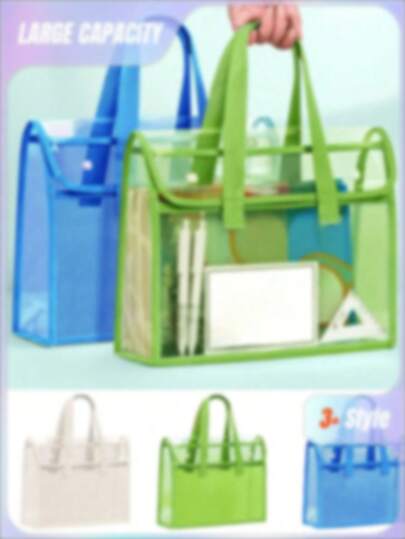 1pc Large Capacity Transparent Waterproof PVC Handbag With Expandable Mesh Storage Pouch - Portable For Office Supplies Etc. - Available In Green, Blue, Beige File Organizer Bag | Fashionable Storage Bag | PVC Storage