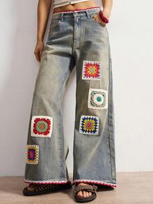 Bohemela Quần ống rộng dáng suông phong cách Boho mùa Đông/Xuân dành cho nữ, kiểu dáng vintage thường ngày, thời trang đường phố, phong cách nghỉ mát Boho, chất liệu móc len phối nhiều mảnh, kiểu miền Tây hoang dã, thích hợp cho các buổi hòa nhạc, tiệc tùng, đi biển, mặc hàng ngày, đi học, đi chơi, năm mới, Lễ tình nhân, kỳ nghỉ hè những năm 2000/Y2K, đi biển. - Màu xanh lam - Xem 4