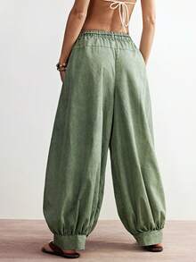 Bohemela Pantalones anchos de pierna ancha, sueltos y tejidos de unicolor para mujer - Verde militar - Ver 6