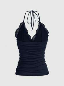 ROMWE PUNK Atasan Kasual Wanita Model Halter dengan Tali Renda dan Potongan Pas Badan - Royal Blue - View 2