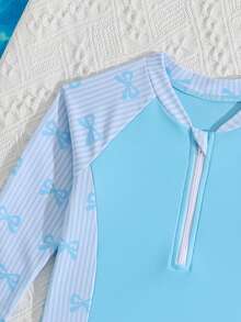 SHEIN 女童坦克背心套装，无袖露脐上衣饰有蝴蝶结印花，纯色短裤饰有蝴蝶结，适合夏季度假、海滩、游泳池、节日派对和休闲穿着。 - 淺藍色 - 查看 5