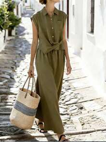SHEIN Franclia Franclia Women's Fashionable, Elegant And Lightweight Linen Dress - Green - View 1