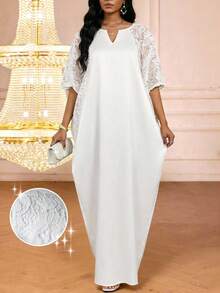 SHEIN Lady Women's Contrast Lace Raglan Sleeve Dress, Elegant Party Outfit Casual Long Dresses Summer Dresses For Women Vacation Work Outfits For Women Beach Vacation Outfits For Women Spring Summer Clothes Elegant Long Dress Graduation Dresses Elegant Dresses For Women Beach Dresses For Women Formal Dresses Party Dresses Bridesmaid Dress Summer Outfit For Women - Red - View 1