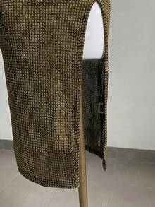 Franclia Women's Elegant Sexy Chic Gold Plaid Knit Camisole Bodycon Split Midi Dress, Tight Fitting Party Club Dress - Gold - View 4