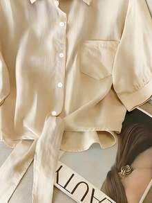 Resyla New Casual Retro Women's Collared Short Sleeve Tie-Front Sun Protection Shirt - Khaki - View 3