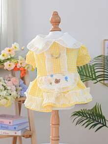 PETSIN 1 chiếc váy gấu bông kẻ caro vàng kiểu đồng quê cho thú cưng, có ren xếp ly, kiểu hầu gái với vòng chữ D để cố định, thích hợp cho mèo và chó. - Màu vàng - Xem 5