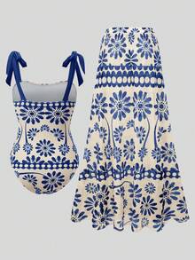 Swim Oasis 26SS Summer Holiday Beach Holiday Vacation BOHO Beige Floral One-Piece Swimsuit Skirt Set - Multicolor - View 8