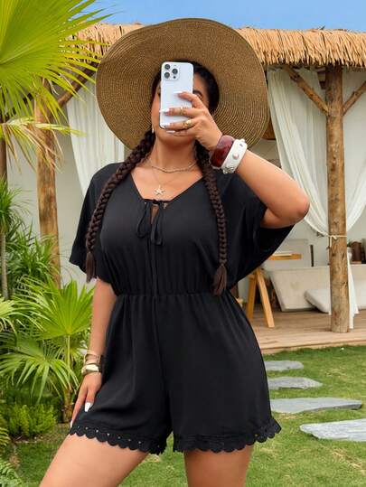 Swim Vcay Plus Size Women Solid Color Twist Ruched Casual Jumpsuit