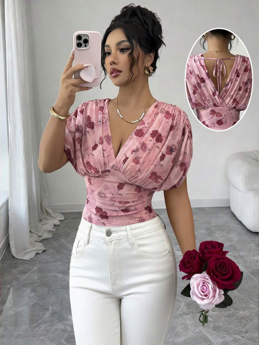 Elenzga Áo thun nữ mùa xuân/hè cổ chữ V khoét sâu tay ngắn tay cánh dơi buộc eo hở lưng thanh lịch gợi cảm, họa tiết hoa hồng, in ngẫu nhiên - Nhiều màu - Xem 1