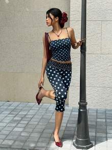 SHEIN EZwear 女士蓝色波点侧开衩修身休闲七分裤，度假风，休闲装 - 彩色 - 查看 4