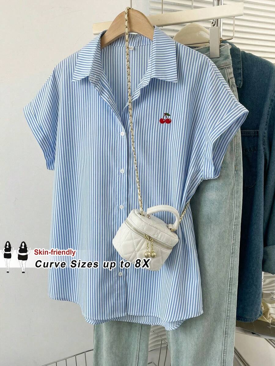 SHEIN CURVE+ Áo sơ mi mùa hè đơn giản, thoải mái, cỡ lớn - Màu xanh lam - Xem 1