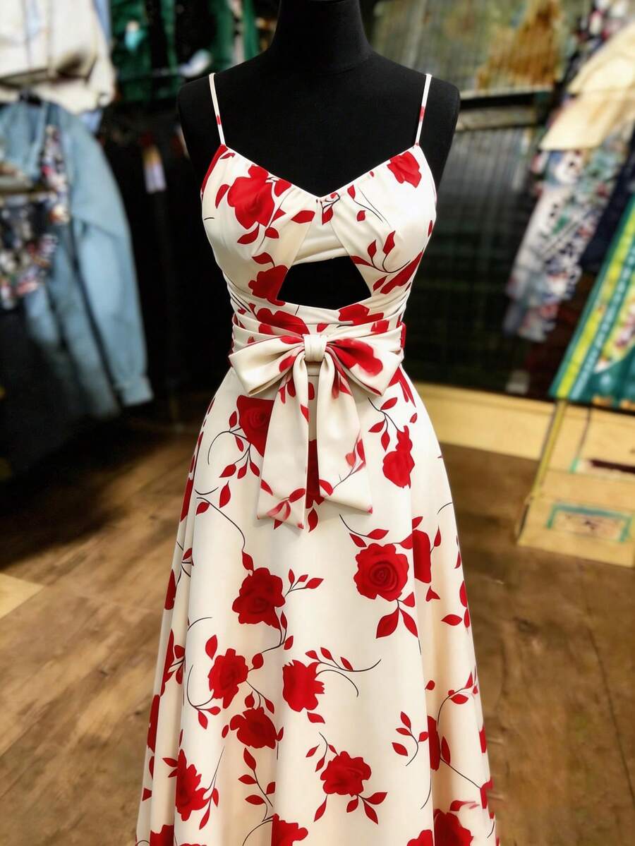 SHEIN Franclia 玫瑰花卉装饰，浪漫氛围吊带中长连衣裙（女款） - 紅白色 - 查看 1