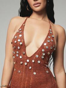 Hauture Váy maxi cổ yếm dệt kim đính ngọc trai - Rỉ Nâu - Xem 2