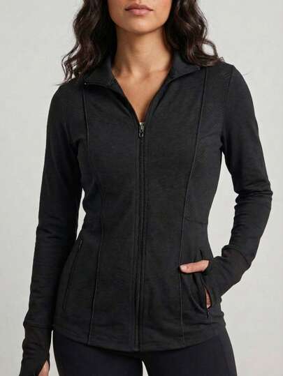 Chaqueta deportiva de manga larga con cierre frontal para mujer, Chamarra ligera para mujer, diseño ajustado, tela ligera y transpirable, manga larga con puño interior, bolsillos laterales con cremallera, estilo casual y funcional