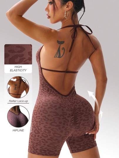 Dewbera Seamless Leopard Jacquard Sexy Yoga Jumpsuit, Spaghetti Strap Backless Sports Jumpsuit With Lifting Design, Suitable For Fitness And Workout