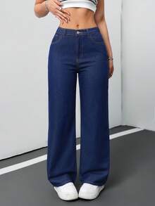 SHEIN PETITE CURVE 女款大尺碼海軍藍寬腿牛仔褲，親膚高腰寬鬆牛仔褲，休閒日常夏季街頭風，深色水洗休閒牛仔褲 - 藍色 - 查看 8