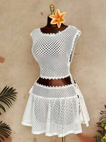 Sunspun Plus Size Sexy Hollow Out 2 Pieces Beach Vacation Set - Apricot - View 6