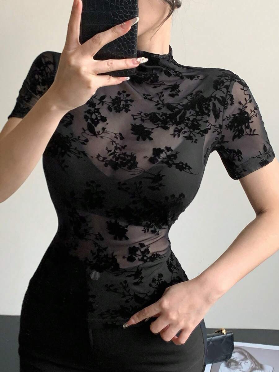 DAZY Women's Sheer Lace Round Neck Fitted Short Sleeve T-Shirt - Black - View 1