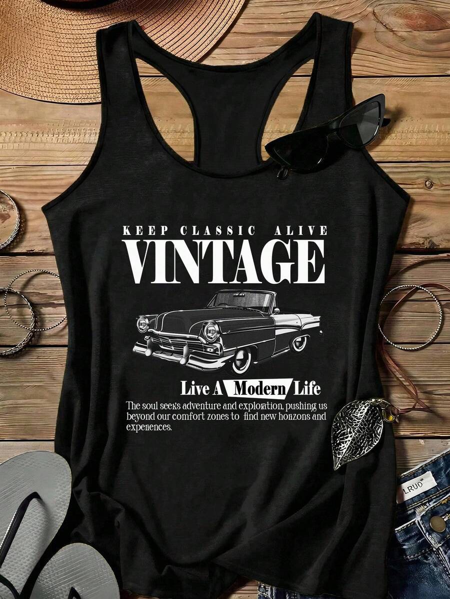 SHEIN LUNE Camiseta de tirantes de mujer con estampado de coche vintage, de estilo minimalista y casual, adecuada para un atuendo vintage de verano para mujeres - Negro - Ver 1