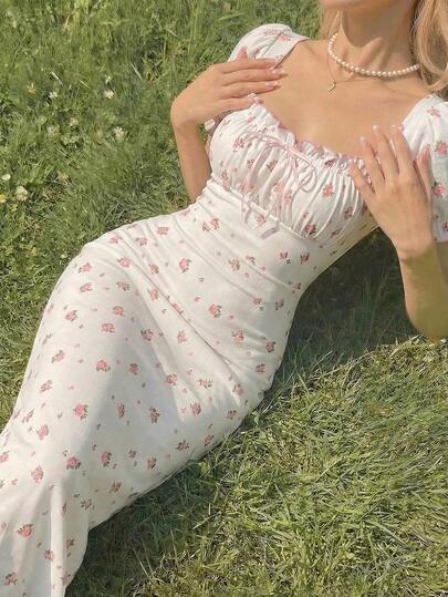 SHEIN MOD Vestido midi de Body con cuello cuadrado y mangas abullonadas para mujer, vestido de lechera, vestido para té, vestido midi con estampado floral y cuello cuadrado y mangas abullonadas para mujer, vestido de invitada de boda, atuendos de primavera/verano, atuendo de té para mujer, vestido de estilo campestre, vacaciones, cumpleaños, San Valentín, atuendos de vacaciones