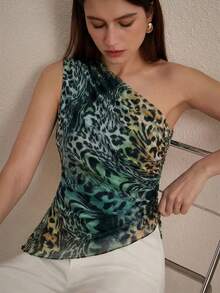 Aveloria Rosie Random Tie-Dye Mesh Fabric Print Ruched Slim Fit Asymmetric Elegant Summer Tank Top  - Dark Green - View 4