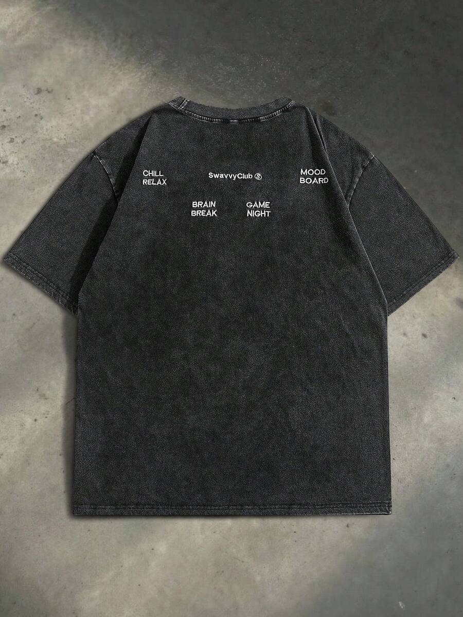 SWAVVY Áo thun nam tay ngắn dáng rộng, kiểu dáng thường ngày, màu đen, thêu họa tiết trước và sau, thích hợp cho mùa hè. - màu đen - Xem 1