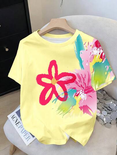 Resyla Colorful Y2K Dopamine Floral Print Loose Fit Round Neck T-Shirt For Women