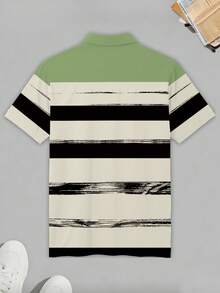 Manfinity EZcore Men's Green And Black Striped Polo Shirt, Mature Style Chest Logo Letter Casual Short Sleeve Top, Lightweight Business Casual Contrast Color Collar Short Sleeve T-Shirt, Daily Commute Polo Shirt - Multicolor - View 4