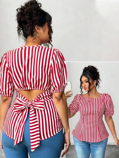 Elenzga Camisa informal de talla grande con diseño de lazo único en la espalda