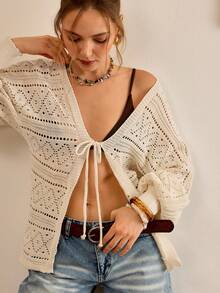 CasuGlow Spring Chic Lightweight Hollow-Out Knit Cardigan With V-Neck Tie Front, Slouchy Sleeves And Soft Breathable Texture For Effortless Feminine Layering - White - View 1