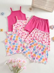 SHEIN Baby Girls' Comfortable Versatile Sweet Cute Strap Shorts Set, Summer Multi-Piece Outfit - Multicolor - View 7