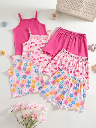 SHEIN Baby Girls' Comfortable Versatile Sweet Cute Strap Shorts Set, Summer Multi-Piece Outfit