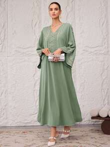 Al Najma Women's V-Neck Floral Embroidery Pattern Casual Loose Dress, Suitable For Party And Outing - Green - View 4
