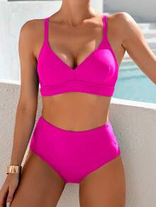 Swim Chiccia 女士纯色泳衣套装，适合度假和海滩穿着 - 玫紅色 - 查看 1