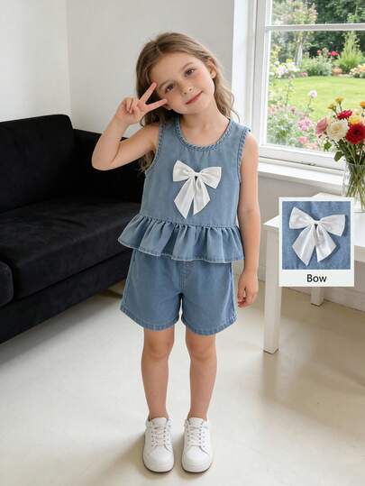 两件套女童牛仔套装，甜美可爱风格，适合幼儿女童，春夏款，中蓝色牛仔布，无袖牛仔上衣，圆领设计，饰有3D白色蝴蝶结，荷叶边下摆，搭配中蓝色宽松直筒牛仔短裤，面料柔软舒适，时尚百搭，适合上学、通勤和户外活动穿着。